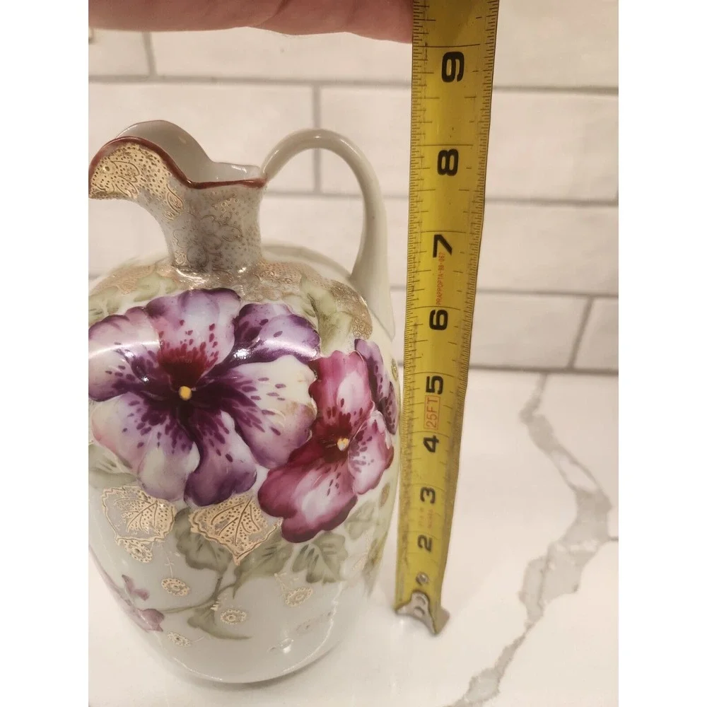 Vintage Hand Painted‎ Ceramic Pink Purple Floral Jug Ewer Gold Details Japan